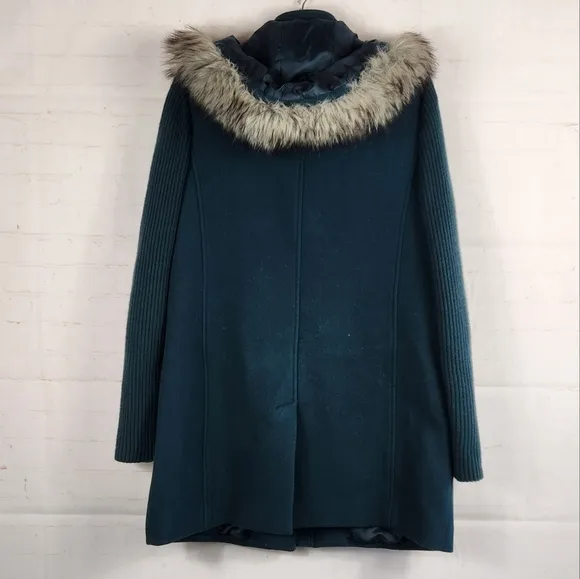Talbots Sweater Sleeve Wool Removable Faux Fur Hooded Parka Jacket Deep Green 10