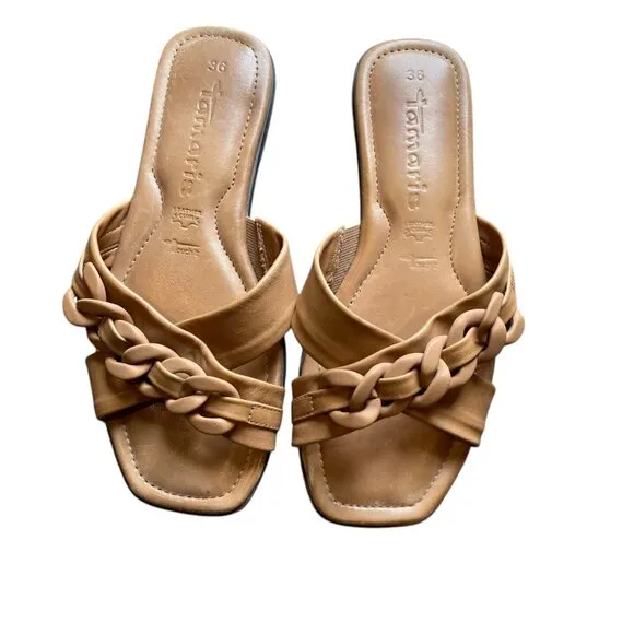 Tamaris Women's Genuine Leather Slide Flat Sandal Sz 36 Camel #30Y