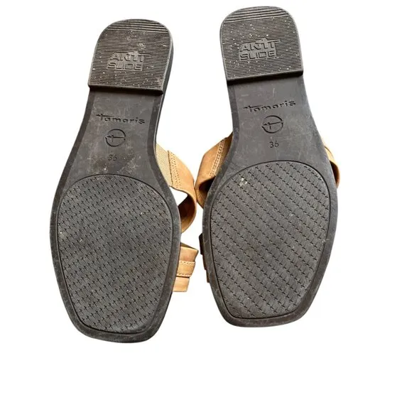 Tamaris Women's Genuine Leather Slide Flat Sandal Sz 36 Camel #30Y