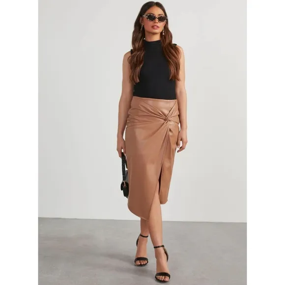 Tan Twist Faux Leather Skirt