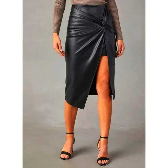 Tan Twist Faux Leather Skirt