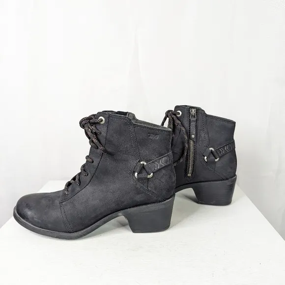Teva Foxy Lace Up Heeled Leather Black Boots