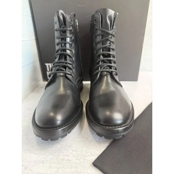 The Kooples Men’s Ranger Black Leather Lace-Up Combat Boots Zippers FR 41/US 10