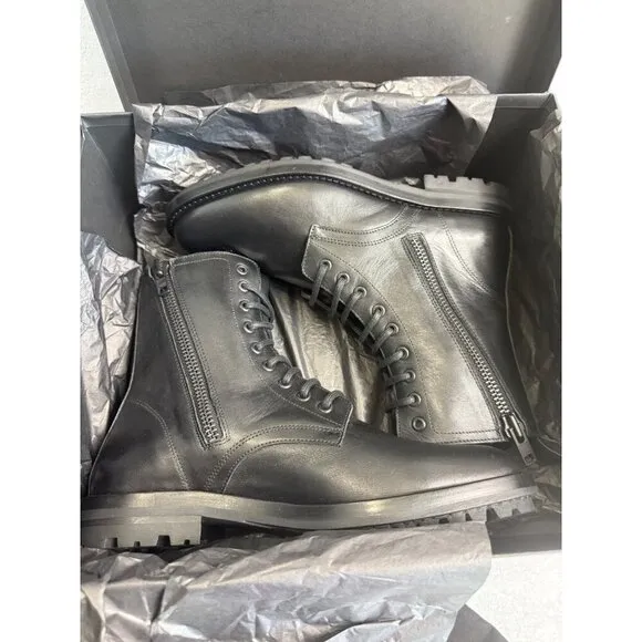 The Kooples Men’s Ranger Black Leather Lace-Up Combat Boots Zippers FR 41/US 10