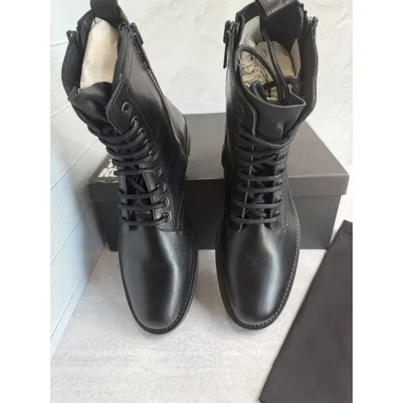 The Kooples Men’s Ranger Black Leather Lace-Up Combat Boots Zippers FR 41/US 10