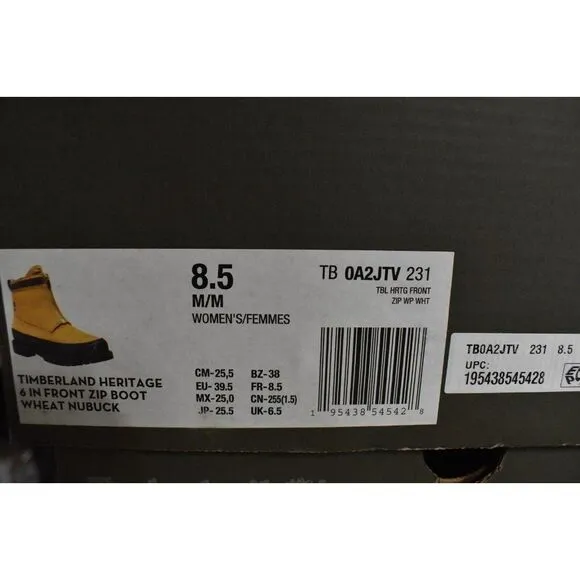 Timberland Heritage Womens Size 8.5 Modern Zip 6in Wheat Nubuck Waterproof Boots