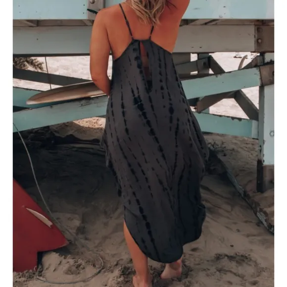 ⛱️Together Molly Black &amp; Gray Deep Plunge Sexy Tye Dye Maxi Dress Sz Med W…
