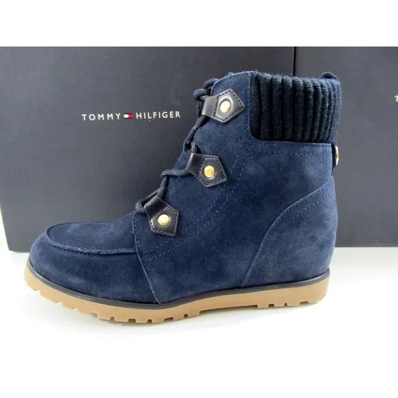 Tommy Hilfiger Serafin Lace Up Wedge Boots Booties Medium Blue Suede