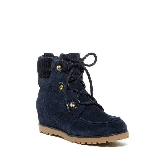 Tommy Hilfiger Serafin Lace Up Wedge Boots Booties Medium Blue Suede