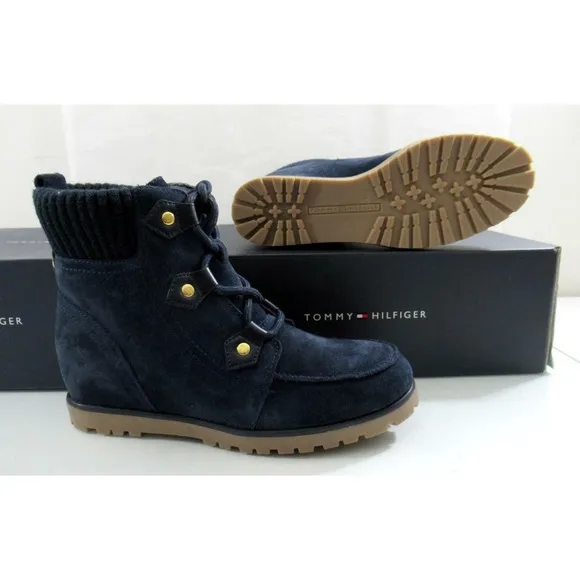 Tommy Hilfiger Serafin Lace Up Wedge Boots Booties Medium Blue Suede