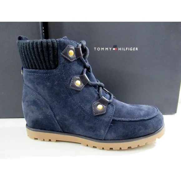 Tommy Hilfiger Serafin Lace Up Wedge Boots Booties Medium Blue Suede