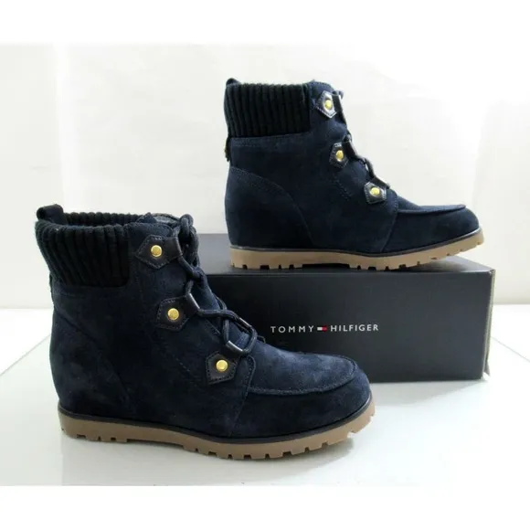 Tommy Hilfiger Serafin Lace Up Wedge Boots Booties Medium Blue Suede