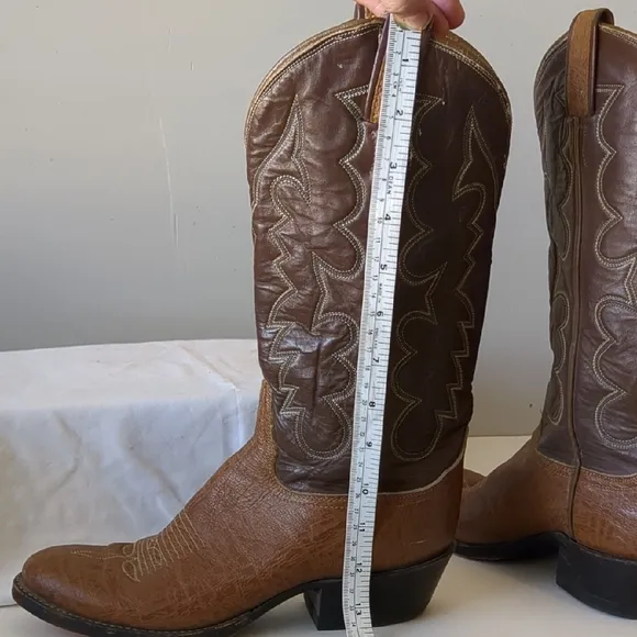 Tony Lama Brown Leather Cowboy Boots with Intricate Stitching
