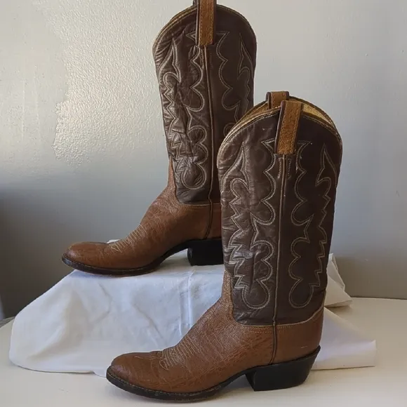 Tony Lama Brown Leather Cowboy Boots with Intricate Stitching