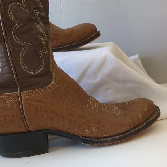 Tony Lama Brown Leather Cowboy Boots with Intricate Stitching