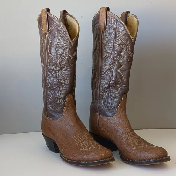 Tony Lama Brown Leather Cowboy Boots with Intricate Stitching