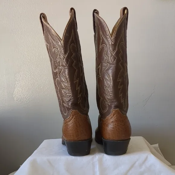 Tony Lama Brown Leather Cowboy Boots with Intricate Stitching