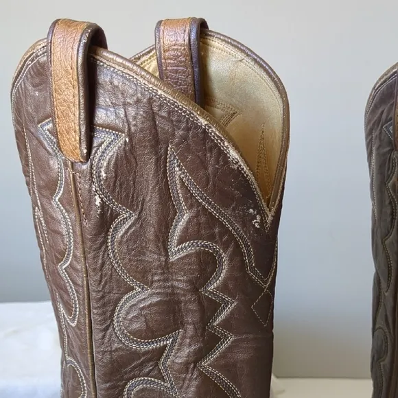 Tony Lama Brown Leather Cowboy Boots with Intricate Stitching