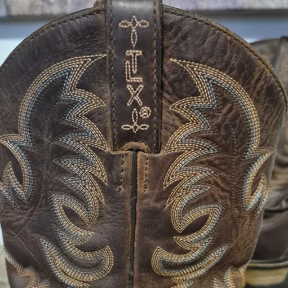 Tony Lama TLX Brown Cowboy Work Boots with Intricate Stitching