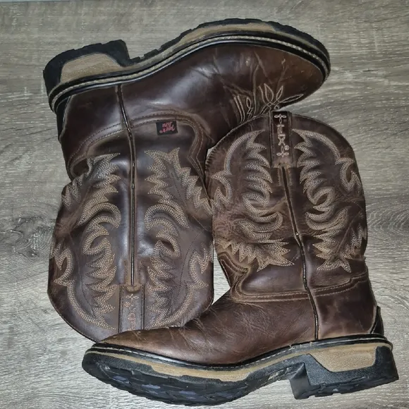 Tony Lama TLX Brown Cowboy Work Boots with Intricate Stitching