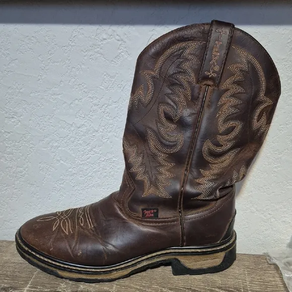 Tony Lama TLX Brown Cowboy Work Boots with Intricate Stitching