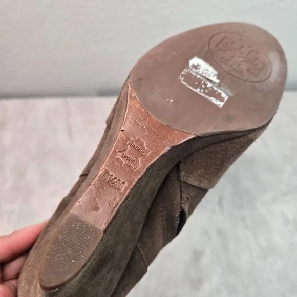 Tory Burch Ankle Wedge Booties Size 8.5 Brown Suede Gold Logo Dressy Boots