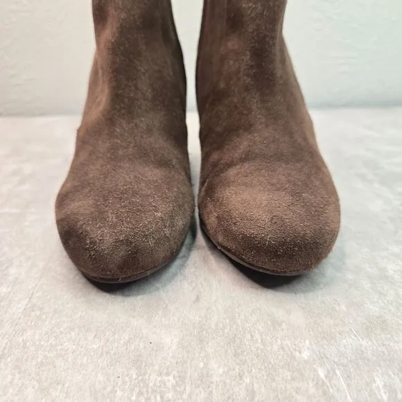 Tory Burch Ankle Wedge Booties Size 8.5 Brown Suede Gold Logo Dressy Boots