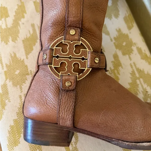 Tory Burch Brown Heeled Boots with Medallion
