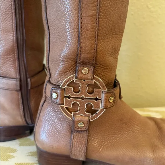 Tory Burch Brown Heeled Boots with Medallion