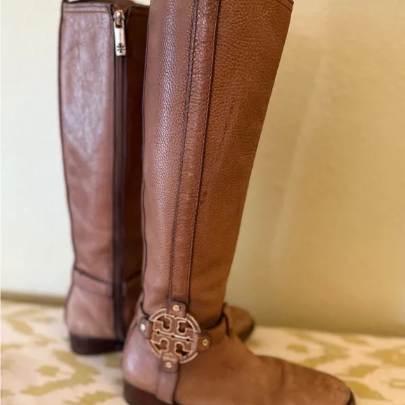 Tory Burch Brown Heeled Boots with Medallion