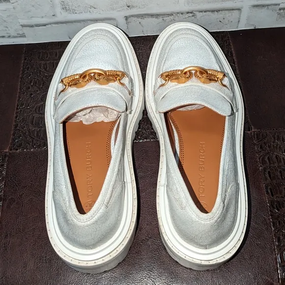 Tory Burch Jessa Lug Sole Loafer White Calf Leather Sz 6