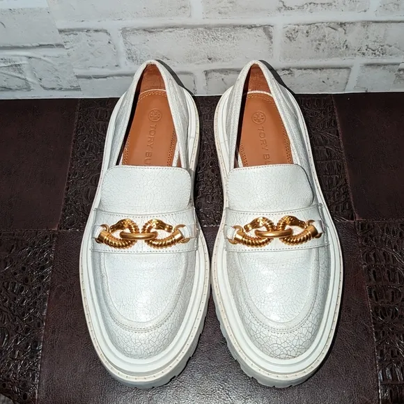 Tory Burch Jessa Lug Sole Loafer White Calf Leather Sz 6
