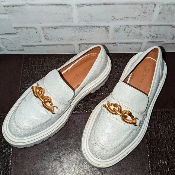 Tory Burch Jessa Lug Sole Loafer White Calf Leather Sz 6