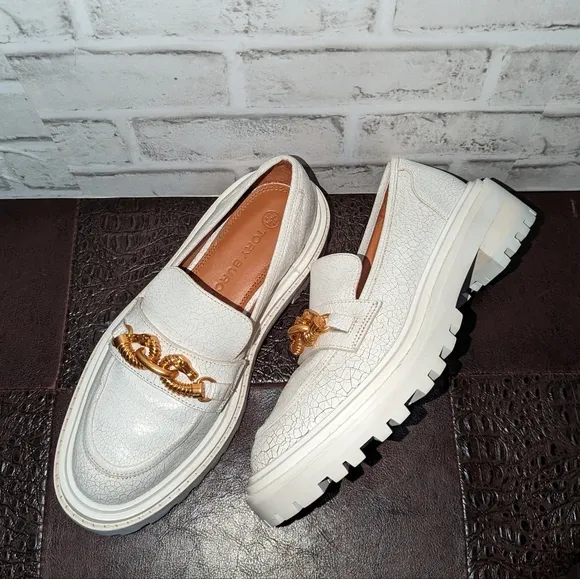 Tory Burch Jessa Lug Sole Loafer White Calf Leather Sz 6