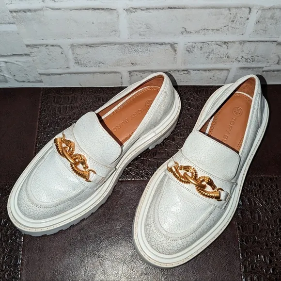Tory Burch Jessa Lug Sole Loafer White Calf Leather Sz 6