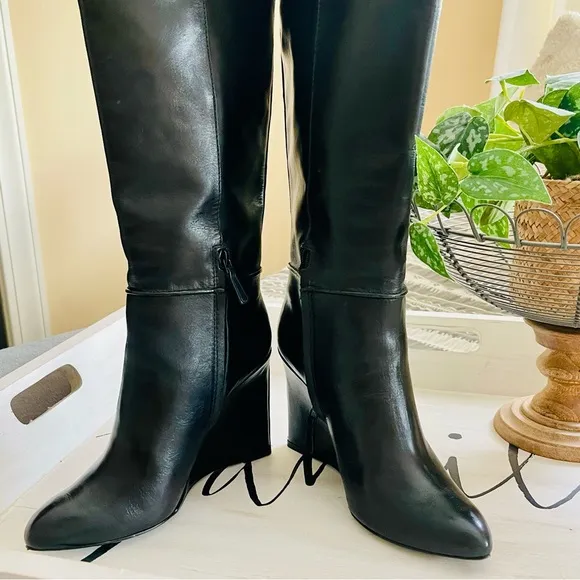 TORY BURCH Linette Smooth Leather Tall Black Wedge Knee High Riding Boots 8.5