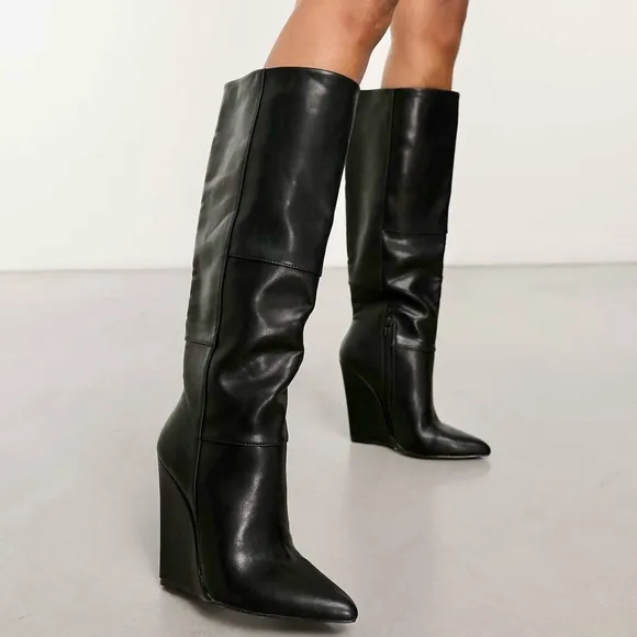 TORY BURCH Linette Smooth Leather Tall Black Wedge Knee High Riding Boots 8.5