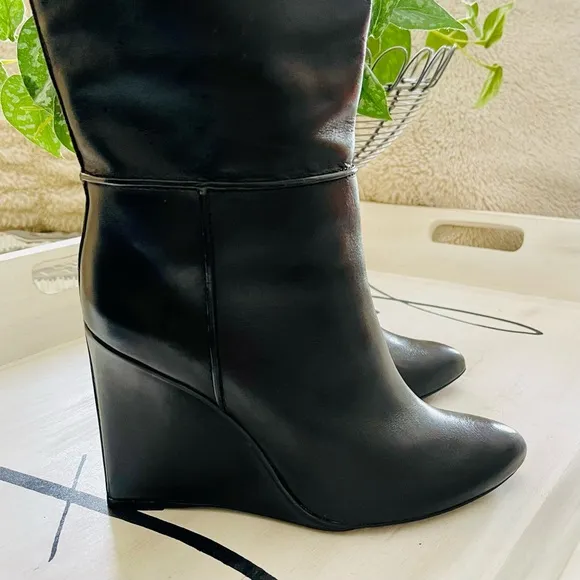 TORY BURCH Linette Smooth Leather Tall Black Wedge Knee High Riding Boots 8.5