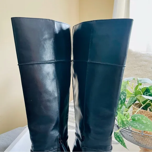 TORY BURCH Linette Smooth Leather Tall Black Wedge Knee High Riding Boots 8.5