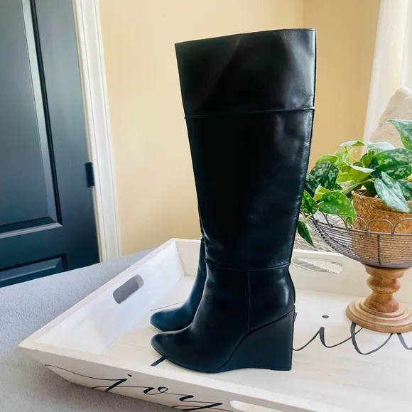 TORY BURCH Linette Smooth Leather Tall Black Wedge Knee High Riding Boots 8.5
