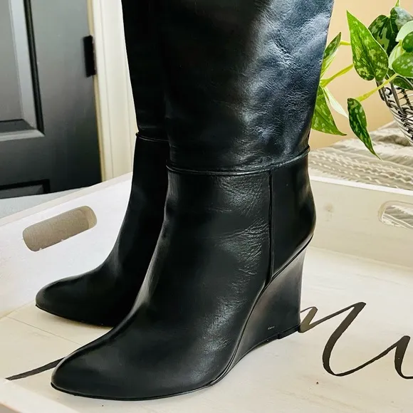 TORY BURCH Linette Smooth Leather Tall Black Wedge Knee High Riding Boots 8.5