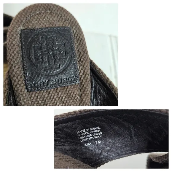 Tory Burch Sandals Womens Size 7 Kristen Brown Canvas Espadrille Platform Wedge