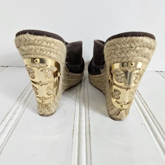 Tory Burch Sandals Womens Size 7 Kristen Brown Canvas Espadrille Platform Wedge