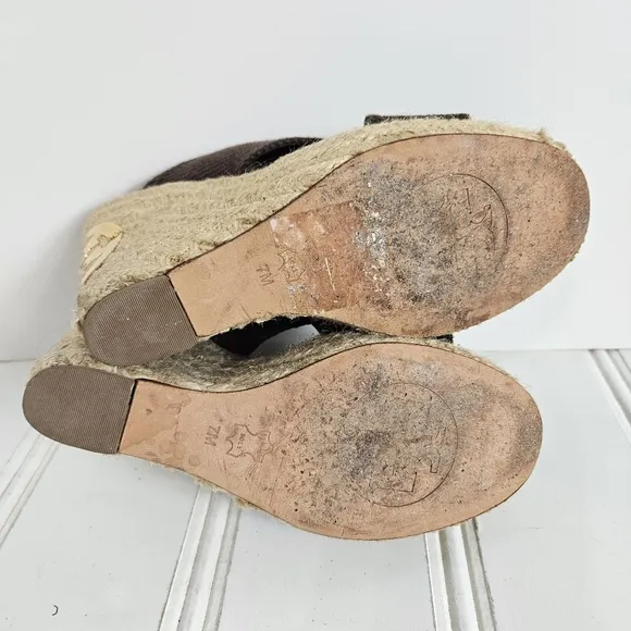 Tory Burch Sandals Womens Size 7 Kristen Brown Canvas Espadrille Platform Wedge