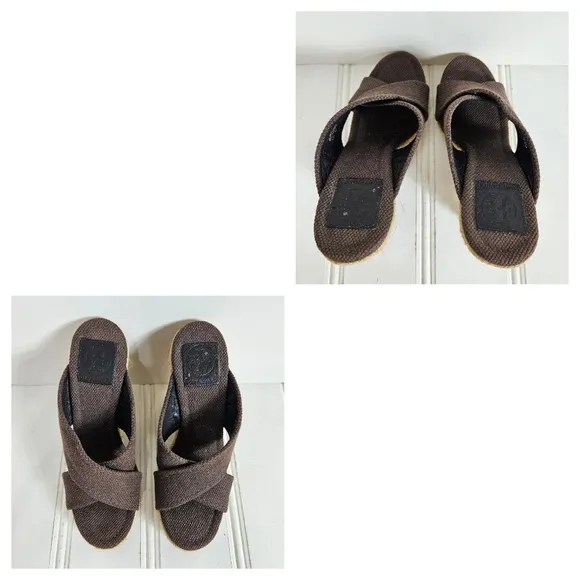 Tory Burch Sandals Womens Size 7 Kristen Brown Canvas Espadrille Platform Wedge