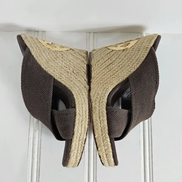 Tory Burch Sandals Womens Size 7 Kristen Brown Canvas Espadrille Platform Wedge
