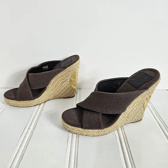 Tory Burch Sandals Womens Size 7 Kristen Brown Canvas Espadrille Platform Wedge