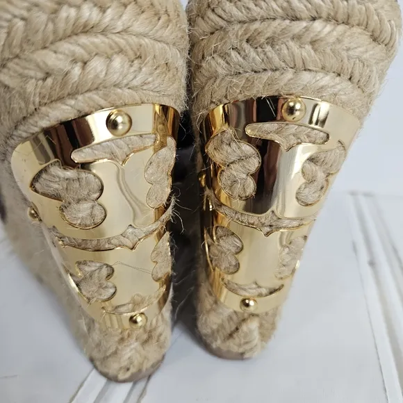 Tory Burch Sandals Womens Size 7 Kristen Brown Canvas Espadrille Platform Wedge