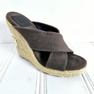 Tory Burch Sandals Womens Size 7 Kristen Brown Canvas Espadrille Platform Wedge