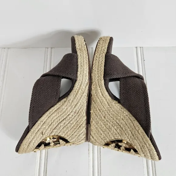 Tory Burch Sandals Womens Size 7 Kristen Brown Canvas Espadrille Platform Wedge